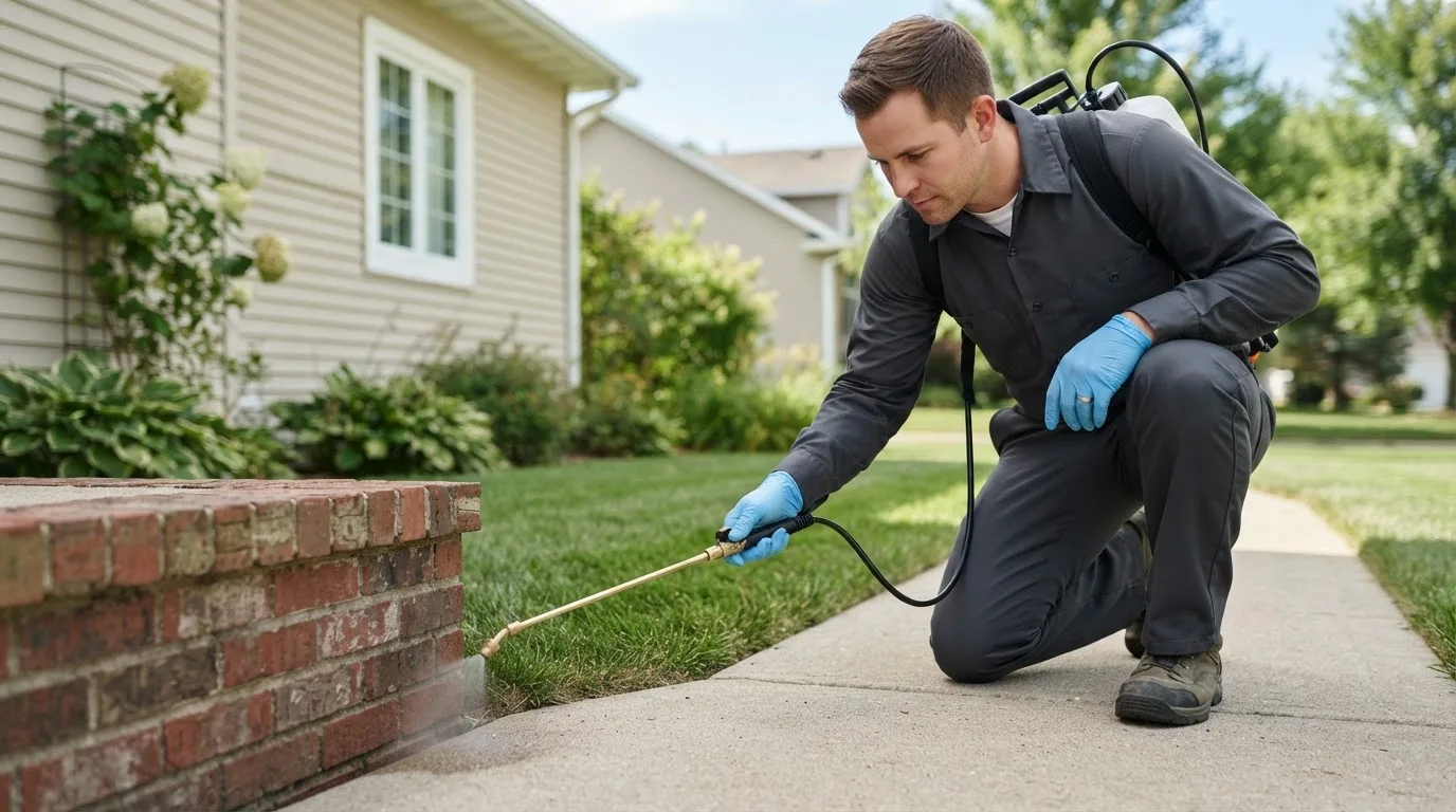 Pest control technician treating a home near Walnut, IL